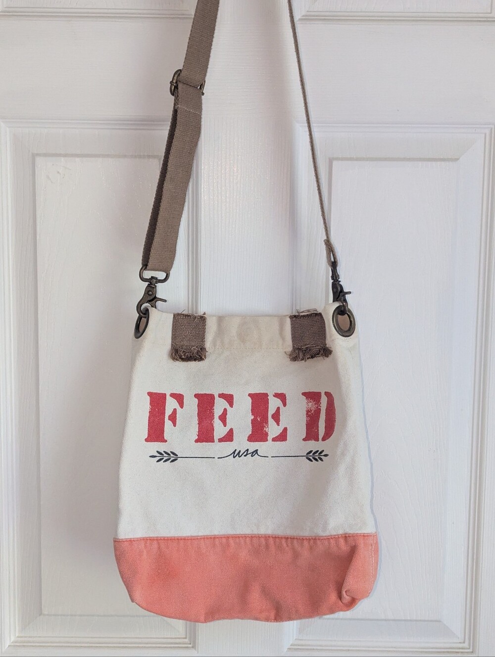 Feed USA Canvas Bucket Bag in Coral and Cream